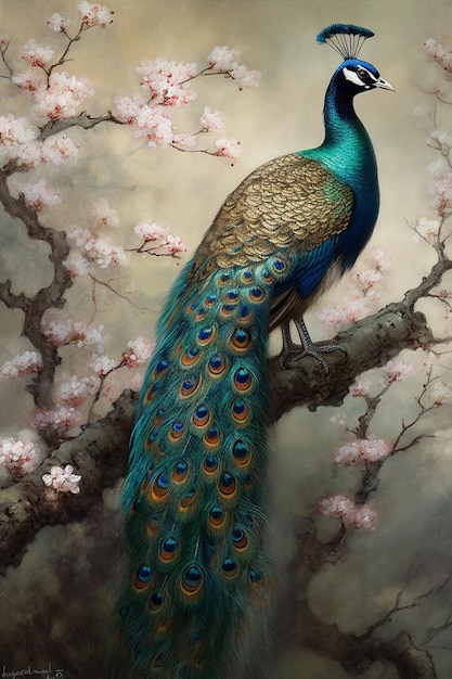 A peacock sits on a branch with flowers on it.