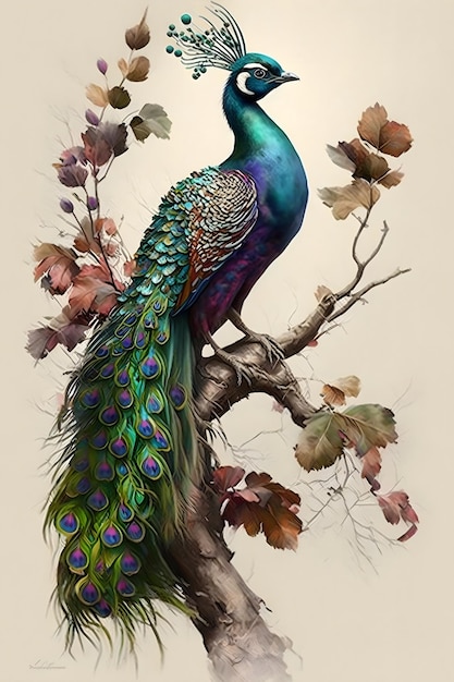 A peacock sits on a branch with leaves on it.