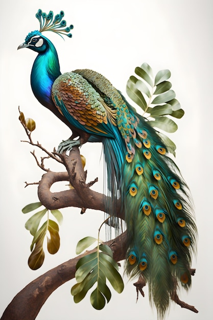 A peacock sits on a branch with leaves on it.