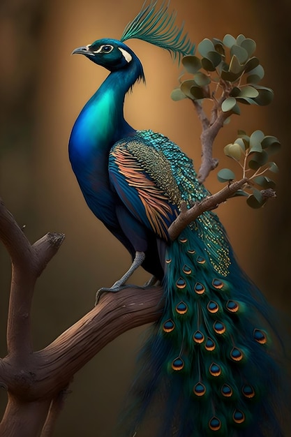 A peacock sits on a branch with a tree in the background.