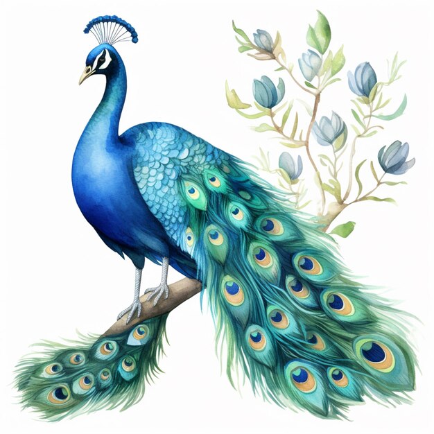 Photo peacock sitting on a branch with a flower in the background generative ai