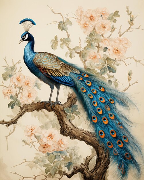 Photo peacock sitting on a branch with flowers and leaves generativ ai