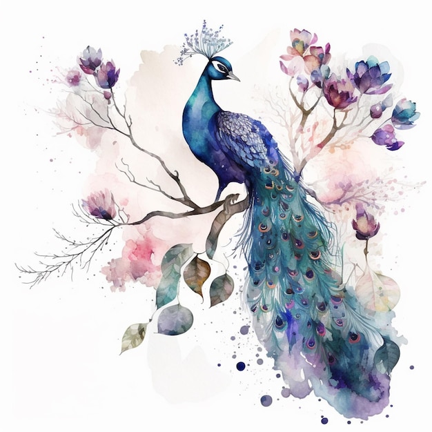 Peacock sitting on a branch with flowers and leaves generative ai