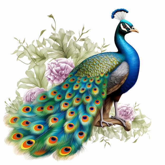 Photo peacock sitting on a branch with flowers and leaves generative ai