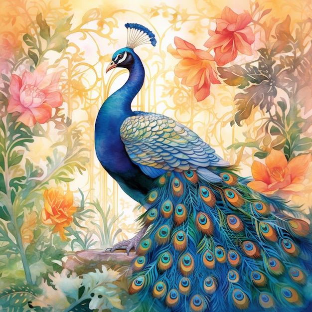 Peacock sitting on a branch with flowers and vines in the background generative ai