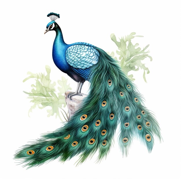 Photo peacock sitting on a rock with green feathers and a white background generative ai