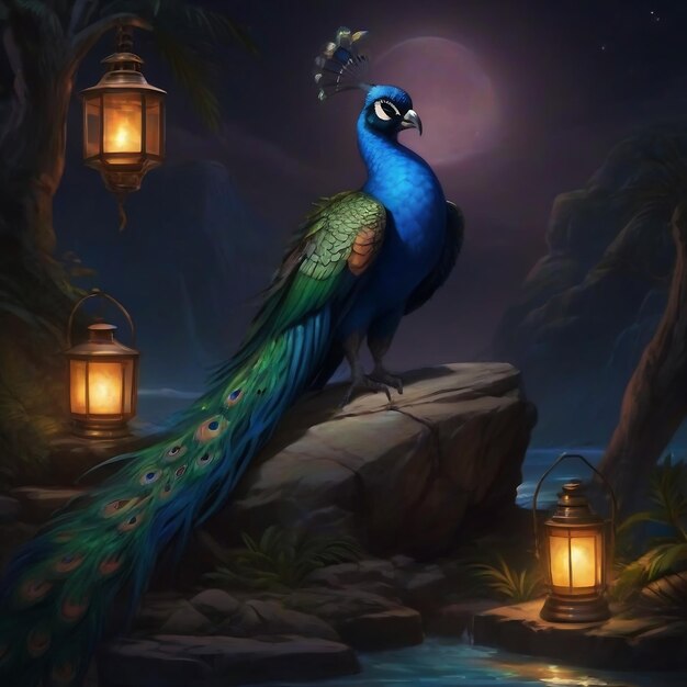 peacock sitting on a rock with a lantern in the background rhads and lois van baarle