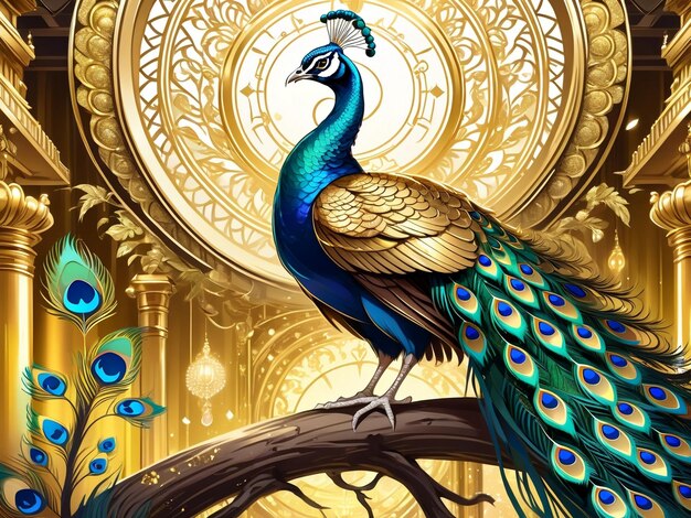 a peacock sitting on top of a tree peacock exquisite digital art golden feathers beautiful art