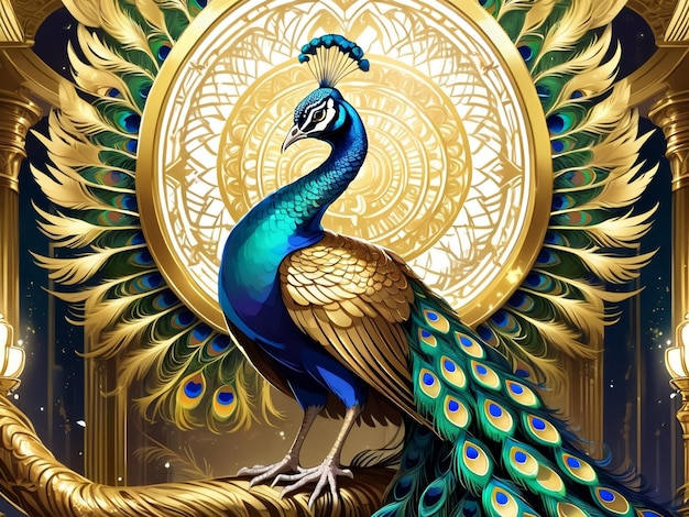 a peacock sitting on top of a tree peacock exquisite digital art golden feathers beautiful art