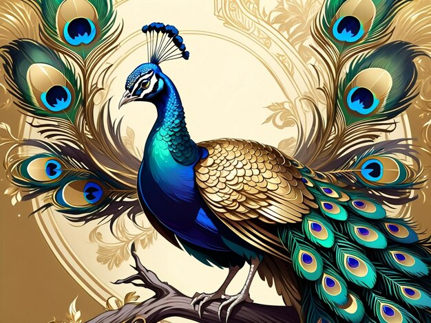 a peacock sitting on top of a tree peacock exquisite digital art golden feathers beautiful art