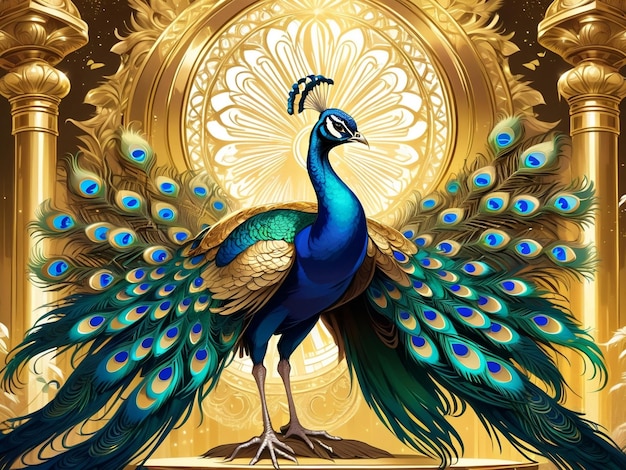 павлон сидит на вершине дерева павлон изысканное цифровое искусство золотые перья красивое искусство