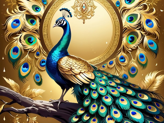 a peacock sitting on top of a tree peacock exquisite digital art golden feathers beautiful art