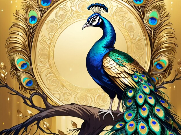 a peacock sitting on top of a tree peacock exquisite digital art golden feathers beautiful art