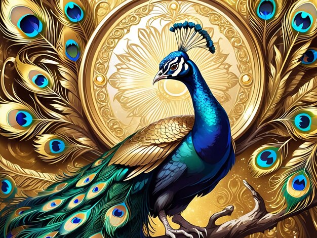 a peacock sitting on top of a tree peacock exquisite digital art golden feathers beautiful art