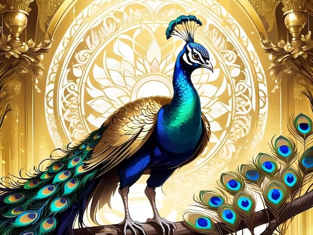 A peacock sitting on top of a tree peacock exquisite digital art golden feathers beautiful art