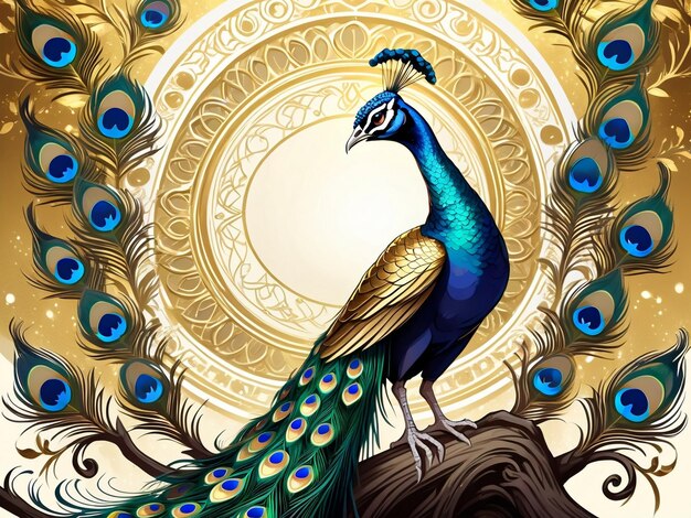 木の上に座っている孔雀 孔雀 絶妙なデジタル アート 黄金の羽 美しい芸術