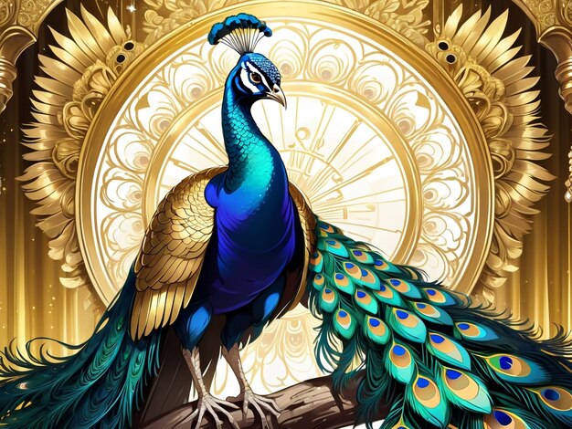 a peacock sitting on top of a tree peacock exquisite digital art golden feathers beautiful art