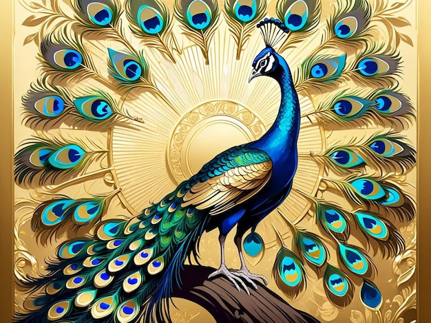 木の上に座っている孔雀 孔雀 絶妙なデジタル アート 黄金の羽 美しい芸術