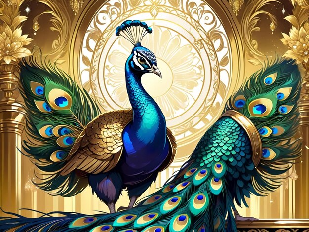 a peacock sitting on top of a tree peacock exquisite digital art golden feathers beautiful art