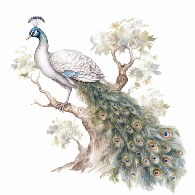 Premium AI Image | Peacock sitting on a tree branch with its tail ...