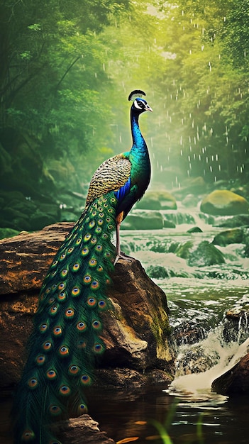 Peacock standing in a beautiful waterfall landscape generative ai