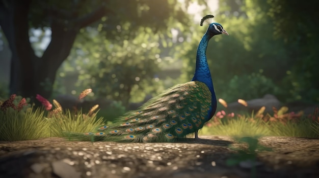 A peacock stands in a forest with a green background and the word peacock on the bottom right.