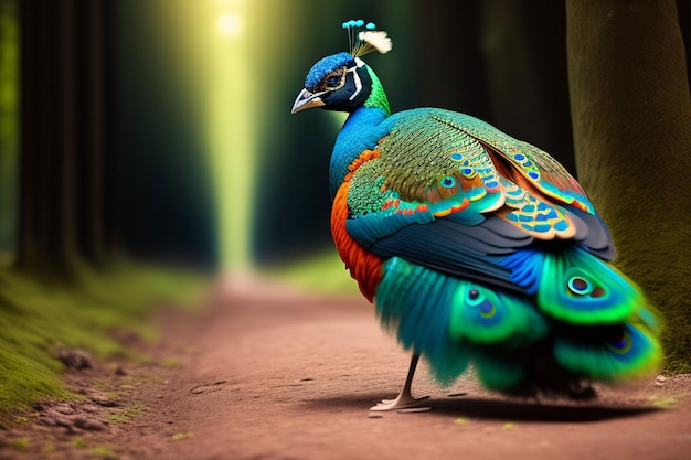 A peacock stands on a path in the woods.