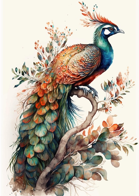 Peacock Tail Feather Watercolor Illustration