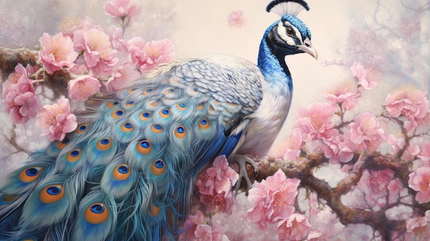 A peacock Watercolor peacock with flowers Generative Ai