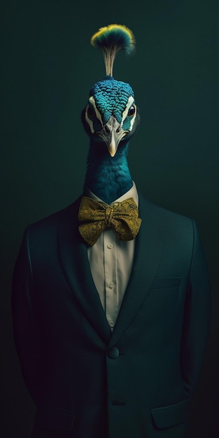 A peacock wearing a bow tie and a bow tie