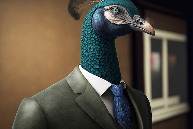 A peacock wearing a suit and tie is standing in front of a window.