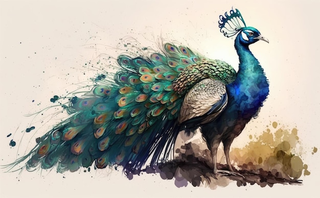 A peacock in the white background. watercolor illustrations for kids cartoon style ai generated