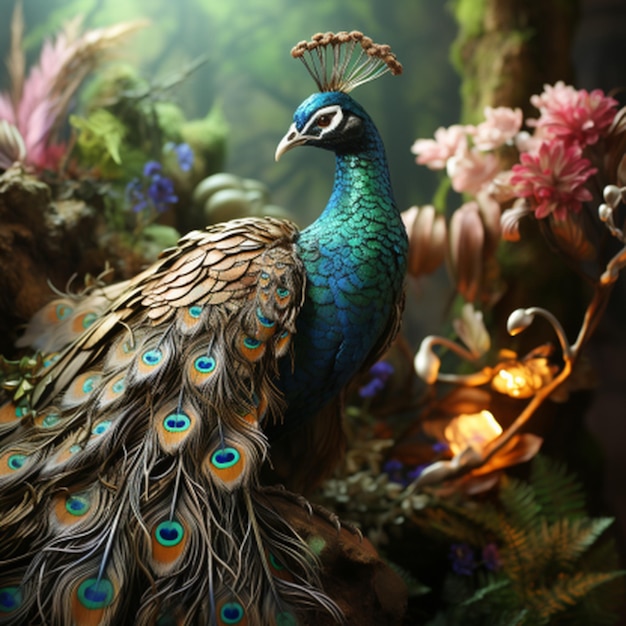 A peacock with beautiful feathers is relaxing