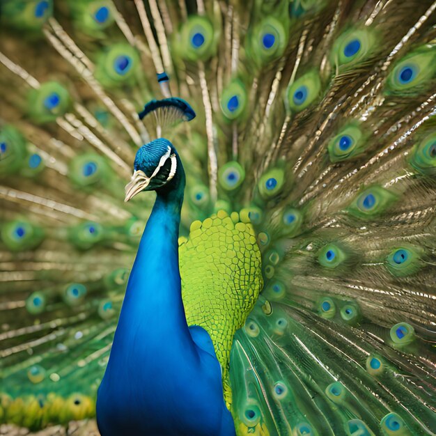 a peacock with a blue body and a green feather on its back