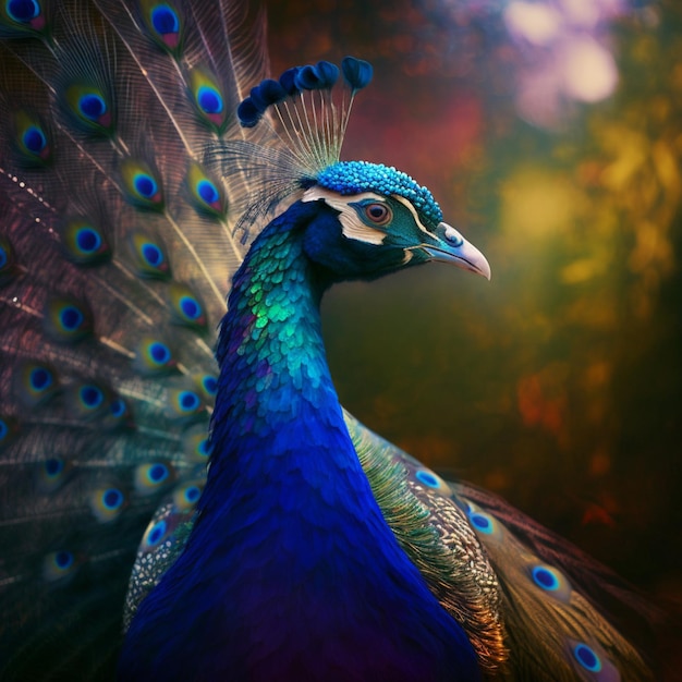 Photo peacock with blue feathers and a colorful tail feathers generative ai