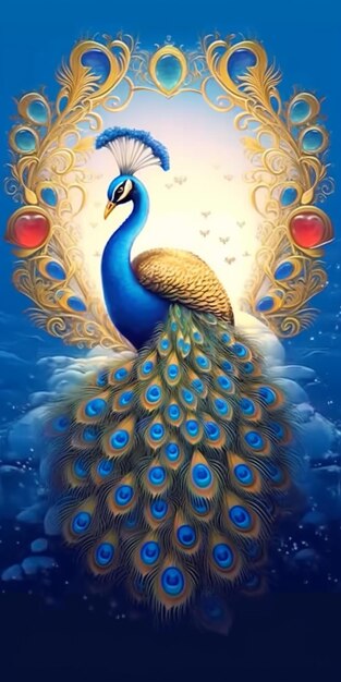 Peacock with blue feathers and golden wings in a circle generative ai