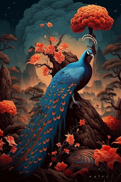 Peacock with blue feathers sitting on a rock in a forest generative ai