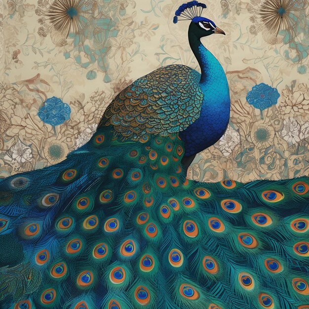 Photo peacock with blue feathers standing on a floral background with a wallpaper generative ai