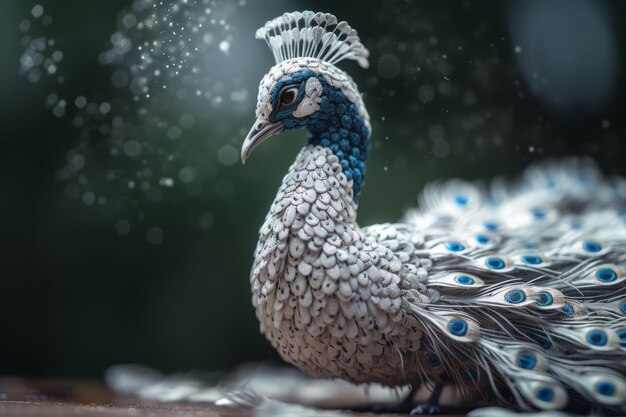 A peacock with blue feathers and white feathers is sitting on a wooden surface.