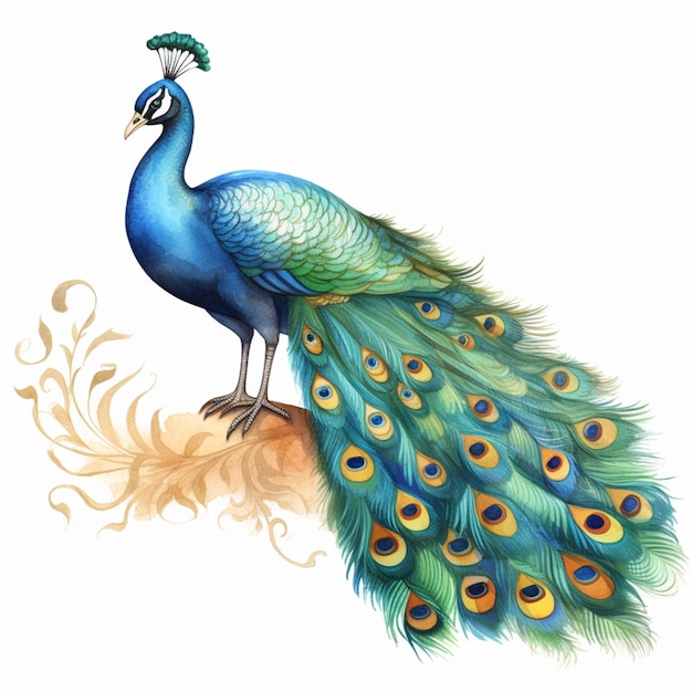 Photo peacock with blue feathers and yellow tail sitting on a rock generative ai