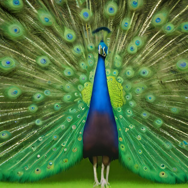 a peacock with a blue and green tail is shown with a blue and green peacock