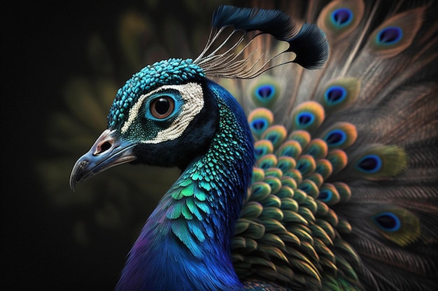 A peacock with a blue and green tail is shown.