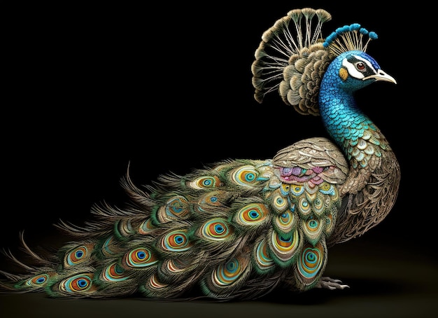 A peacock with a blue and green tail is shown.