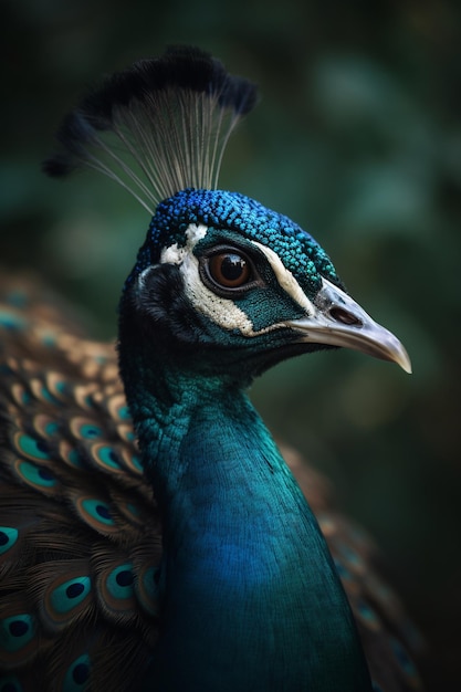 A peacock with a blue head and blue feathers.