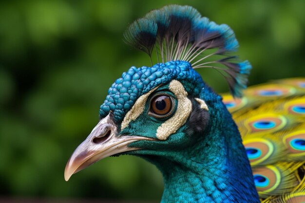 A peacock with a blue head and green feathers on