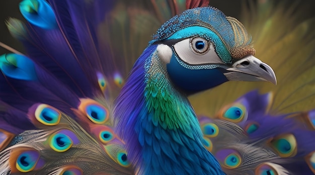 a peacock with a blue head and a multicolored head of feathers