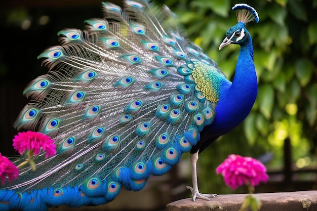 A peacock with a blue and orange tail feathers