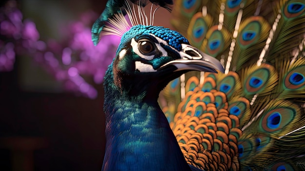 紫色の背景の前に青い尾と青い羽を持つ孔雀が立っています。