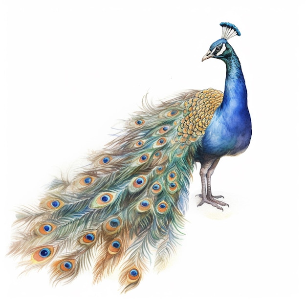 Peacock with blue tail feathers and long tail feathers generative ai