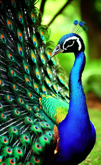 A peacock with a blue tail and green feathers.